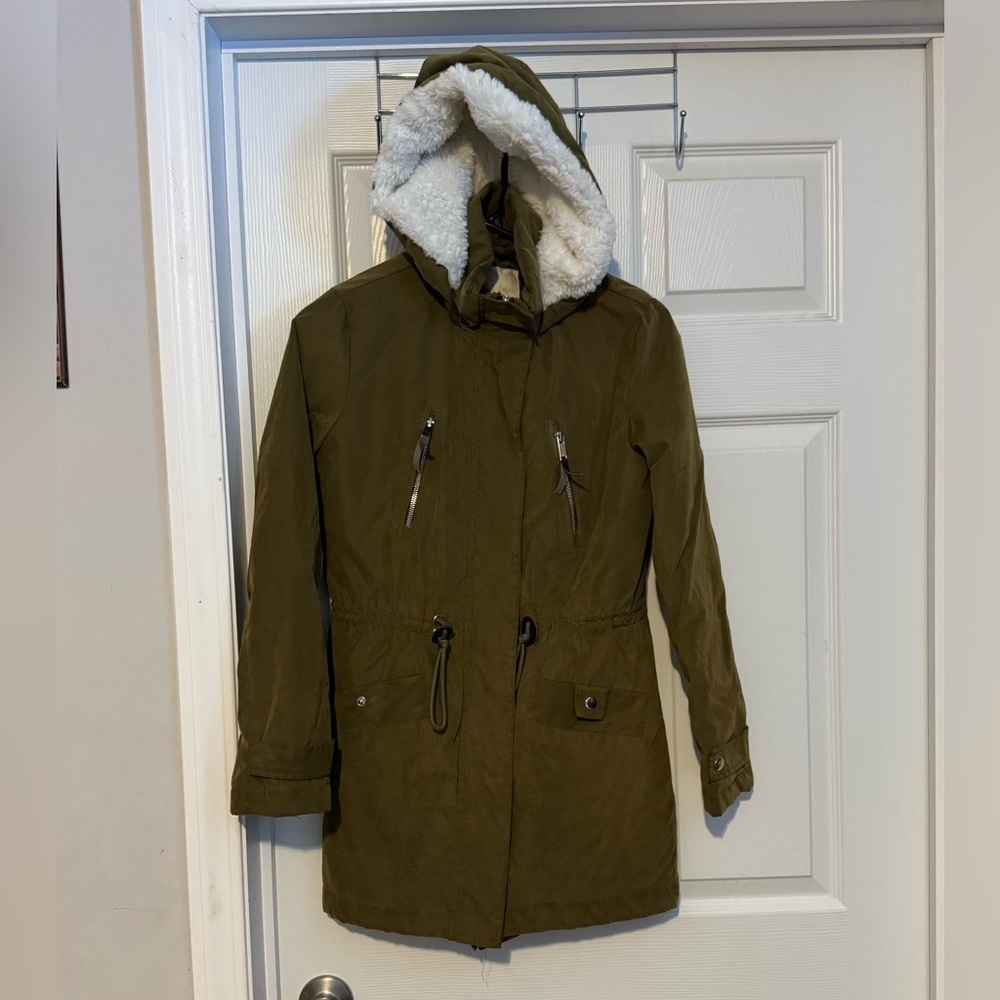 Altar'd State Winter Jacket Coat Women's Olive Drawstring Waist Tie Faux Fur XS